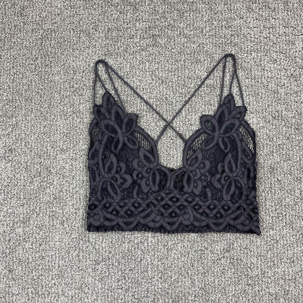 FP One Bralette Womens Large Gray Floral Lace Longline Strappy Boho Festival
